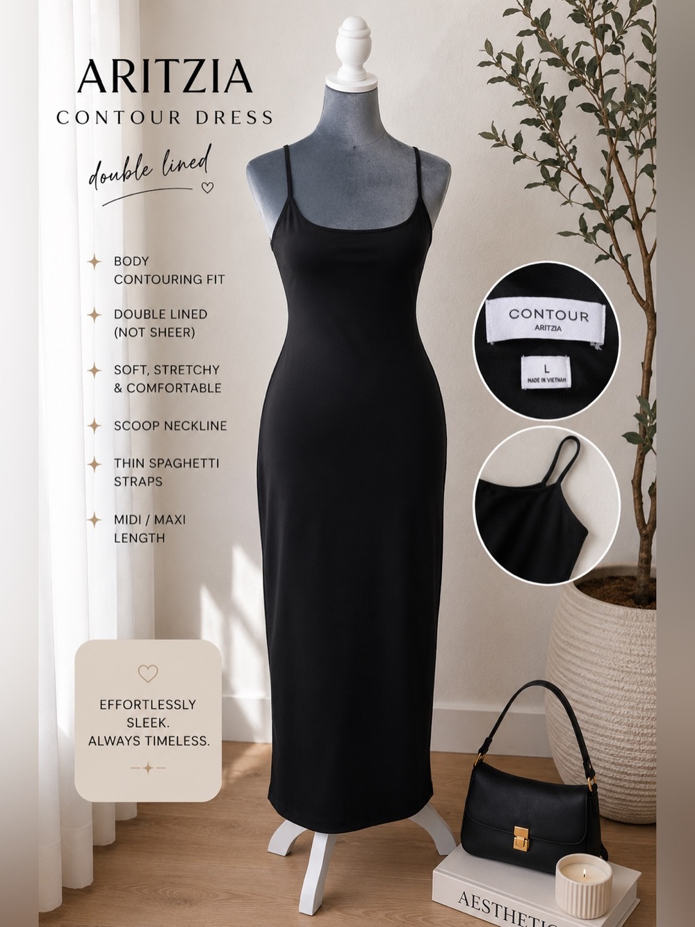 Aritzia Contour Double-Lined Midi Dress Size Large Bodycon Sleeveless Sculpting